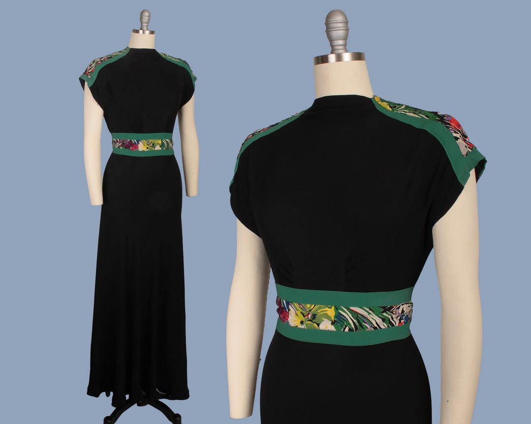 1930s Dress / Late 30s Black Rayon Crepe Evening Gown / Green Floral ...