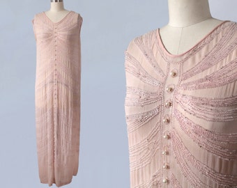 1920er Jahre Kleid / 20s Rosa Perlen Flapper Kleid / Perlen / Starburst Motiv