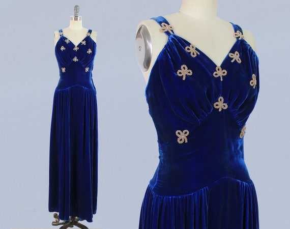 1930s Dress / 30s 40s Blue Silk Velvet Gown / Bead