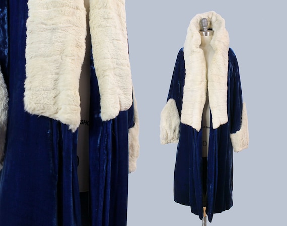 1920s Coat / 20s Blue Velvet Coat / White Fur Trim