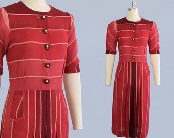 1930s Dress / Late 30s Early 40s Day Dress / Striped Shades of Red Slub Cotton Button Front War Era Dress