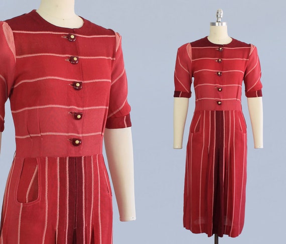 1930s Dress / Late 30s Early 40s Day Dress / Stri… - image 1