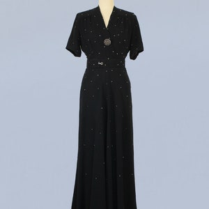 1940s Dress / 40s Black Rayon Crepe Rhinestone Evening Gown / Starry Night image 3