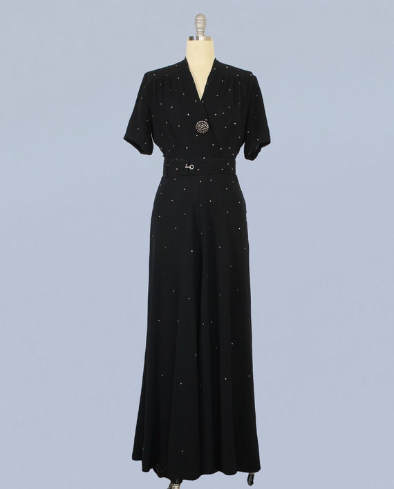 1940s Dress / 40s Black Rayon Crepe Rhinestone Ev… - image 3