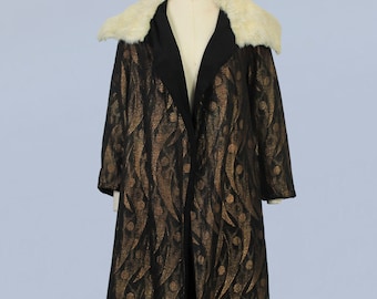 1920s Coat / 20s Gold Lamé and Fur Flapper Coat / Art Deco Flame and Orb Motifs