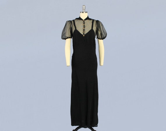 1930s Dress / 30s Illusion Mesh and Crepe Gown / P