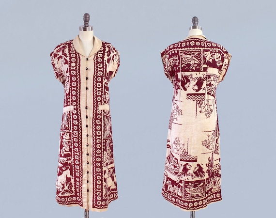 1930s Dress / 30s 40s Cotton Linen Mexican Motifs