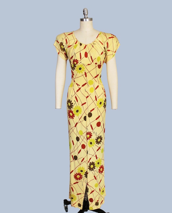 1940s Dress / 40s Acid Floral Print Jersey Gown /… - image 2
