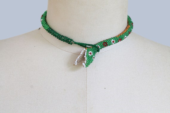 Rare! 1920s Choker / Beaded Green Snake Necklace … - image 4