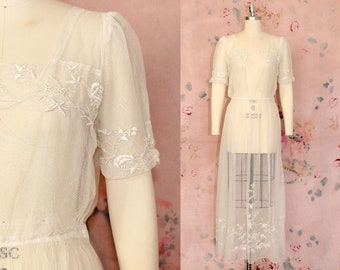 Early 1920s Wedding Dress / 1910s-20s White Sheer Gossamer Mesh Lace Gown / Bridal  Summer Gown