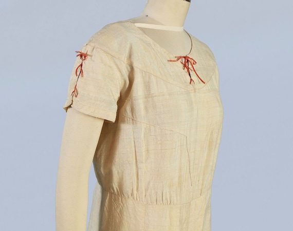 1930s Dress / 30s LACE UP Raw Silk Dress