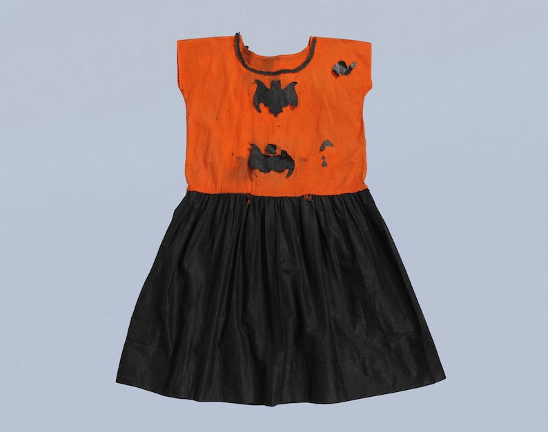 RARE Antique Halloween Dress / 1920s Costume Dress Orange and Black with BAT and Black CAT Cutouts image 1