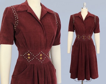 1930s Dress / Late 30s Early 40s Sporty Red Corduroy STUDDED Day Dress