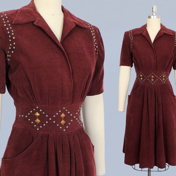 1930s Dress / Late 30s Early 40s Sporty Red Corduroy STUDDED Day Dress