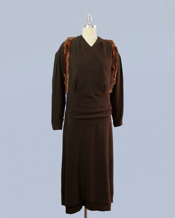 1930s Dress / 30s Chocolate Textured Crepe Fur Tr… - image 4