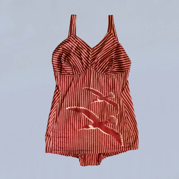 Reserved --RARE!! 1940s Swim Suit / Catalina Novelty SATIN Hand Printed Sea Gulls and Stripes! / One Piece SwimSuit / Caramel and Cream / Ba