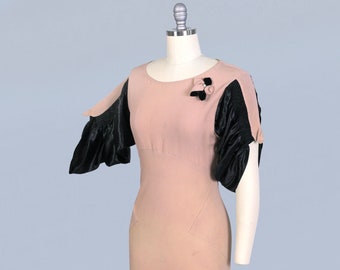 1930s Dress / Unusual 30s Pink Crepe Gown / Crazy Bat Wing SLEEVES / Black Satin Ruffle Sleeves / Bias Cut