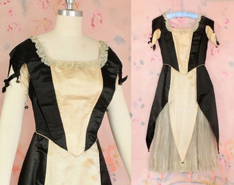 Rare 1920s Dress / Early 20s Pierrette Costume Fancy Dress / Satin Corset and Bells