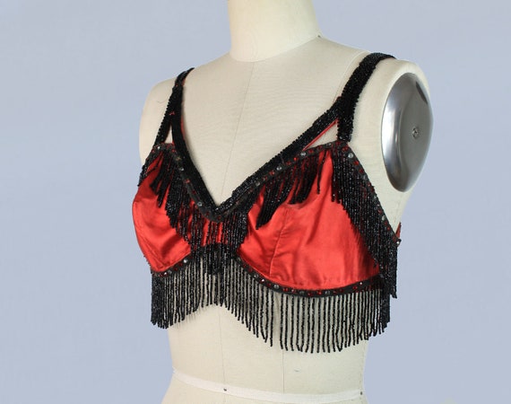 1930s Red Satin Showgirl Bra / Burlesque 30s Bead… - image 1