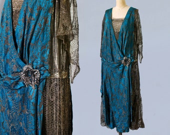 INCREDIBLE Couture 1920s Dress / 20s Metallic Gown / Bright Blue / METAL FIBERS Lace / Lame / Exquisite Museum Quality