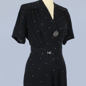 1940s Dress / 40s Black Rayon Crepe Rhinestone Evening Gown / Starry Night image 2