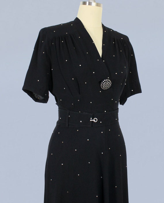 1940s Dress / 40s Black Rayon Crepe Rhinestone Ev… - image 2