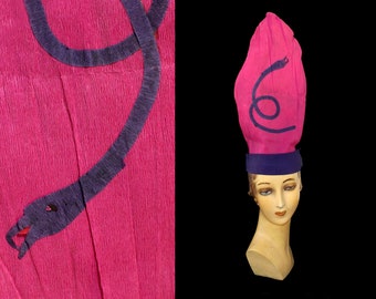 1920s Hat / 20s SERPENT Snake Crepe Party Hat / Antique Halloween / Tall HOT PINK Crepe Hat