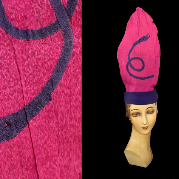 1920s Hat / 20s SERPENT Snake Crepe Party Hat / Antique Halloween / Tall HOT PINK Crepe Hat