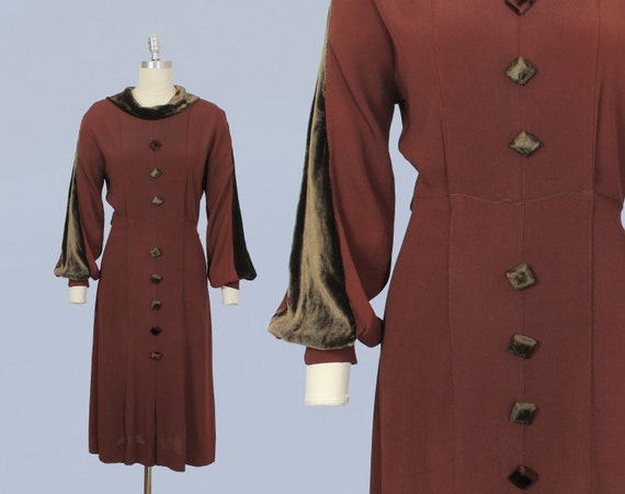 1930s Dress / 30s Chocolate Crepe and Velvet Dres… - image 1