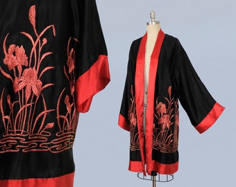 1920s Robe / 20s Black Silk Satin SWAMP IRIS Flower Embroidered Robe with Red Trim