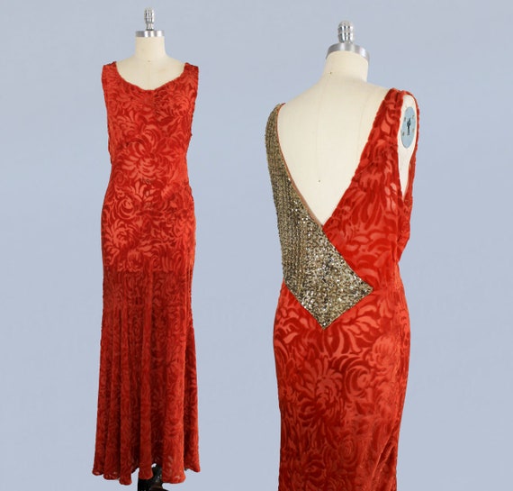 1930s Dress / 30s Burnout Velvet Gown / Sequin Ba… - image 1