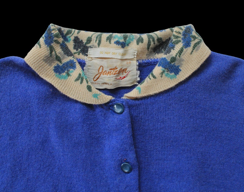Midcentury Sweater / 50s Jantzen Cardigan / Blue Long Sleeve with Floral Collar and Cuffs / Knitwear image 3