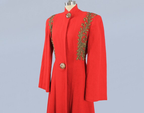 1940s Coat / 40s Winter Red Princess Coat / Gold S