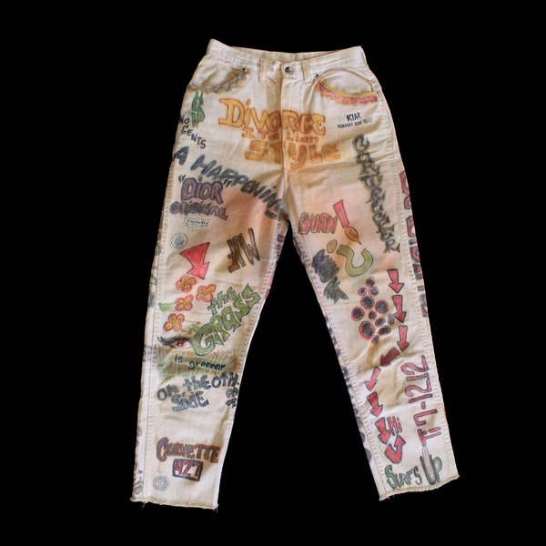 RARE 1960s Pants /  60s 70s Folk Art Hippie Pants / OOAK Hand Drawn Wrangler Cream Sanforized Misses Jeans