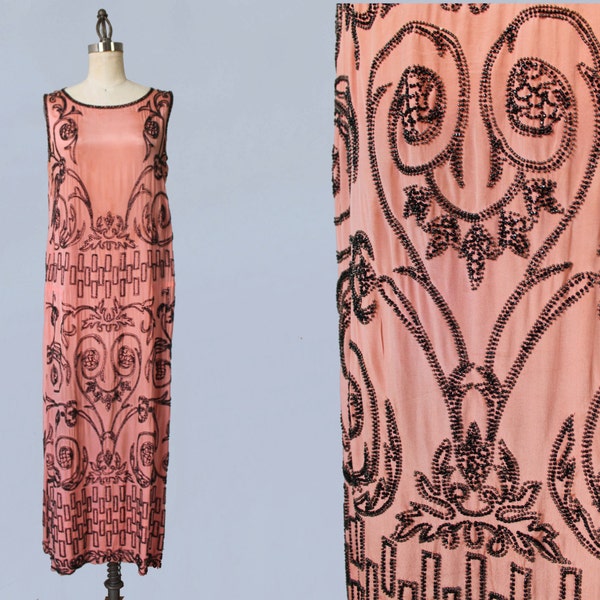 RESERVED 1920s Dress / 20s ADAIR Designer Pink with Black Beaded Flapper Dress / GORGEOUS and Wearable