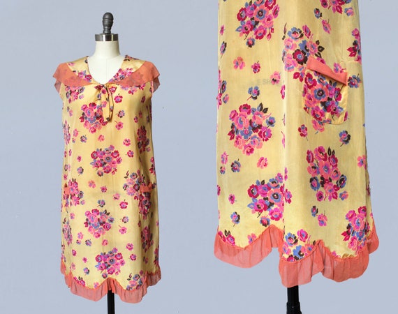 1920s Dress / 20s Floral Silk Dress / Pink Chiffon