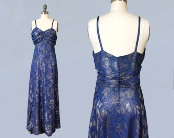 1930s Dress / 30s Periwinkle and Silver Metallic LAMÉ Evening Gown / Ruched Bust / Low Button Back / Stunning!!