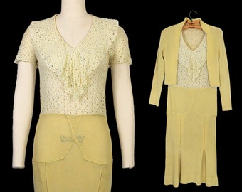 1930s Dress /  30s Knit Sportswear Dress / Cotton Yellow and White Color Block / Eyelet / Deco Tennis Dress