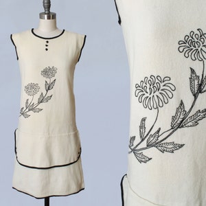 1920s Dress / 20s Embroidered Cream Wool Dress / Black Glass Buttons Contrast Trim / XS