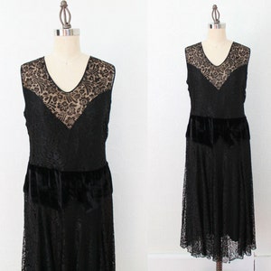 1920s Dress / Lace Illusion Dress / Velvet Dropped Waist image 1