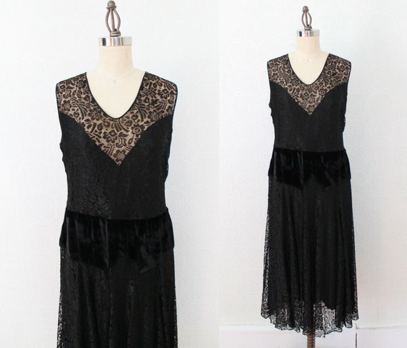 1920s Dress / Lace Illusion Dress / Velvet Dropped