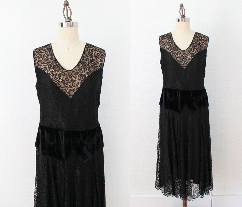 1920s Dress / Lace Illusion Dress / Velvet Dropped Waist image 1