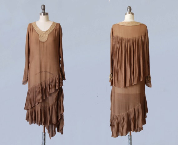 1920s Dress / 20s Coffee Chiffon CAPE Back Flapper