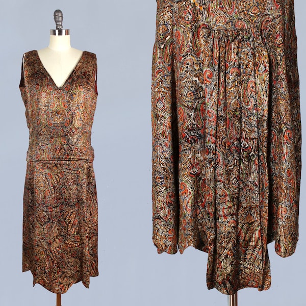 RARE!! 1920s Dress / 20s Metallic Lamé Dress / Paisley Print Antique Gold LAMÉ