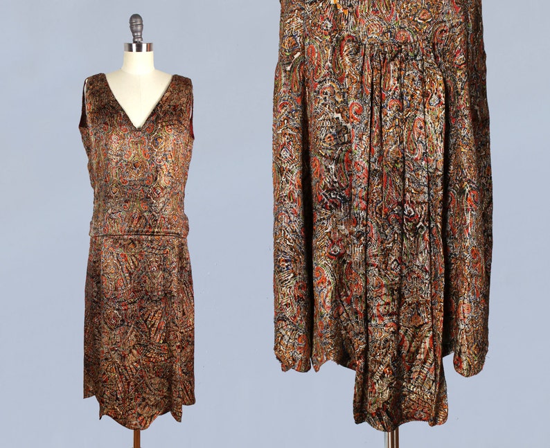 RARE 1920s Dress / 20s Metallic Lamé Dress / Paisley Print Antique Gold LAMÉ image 1