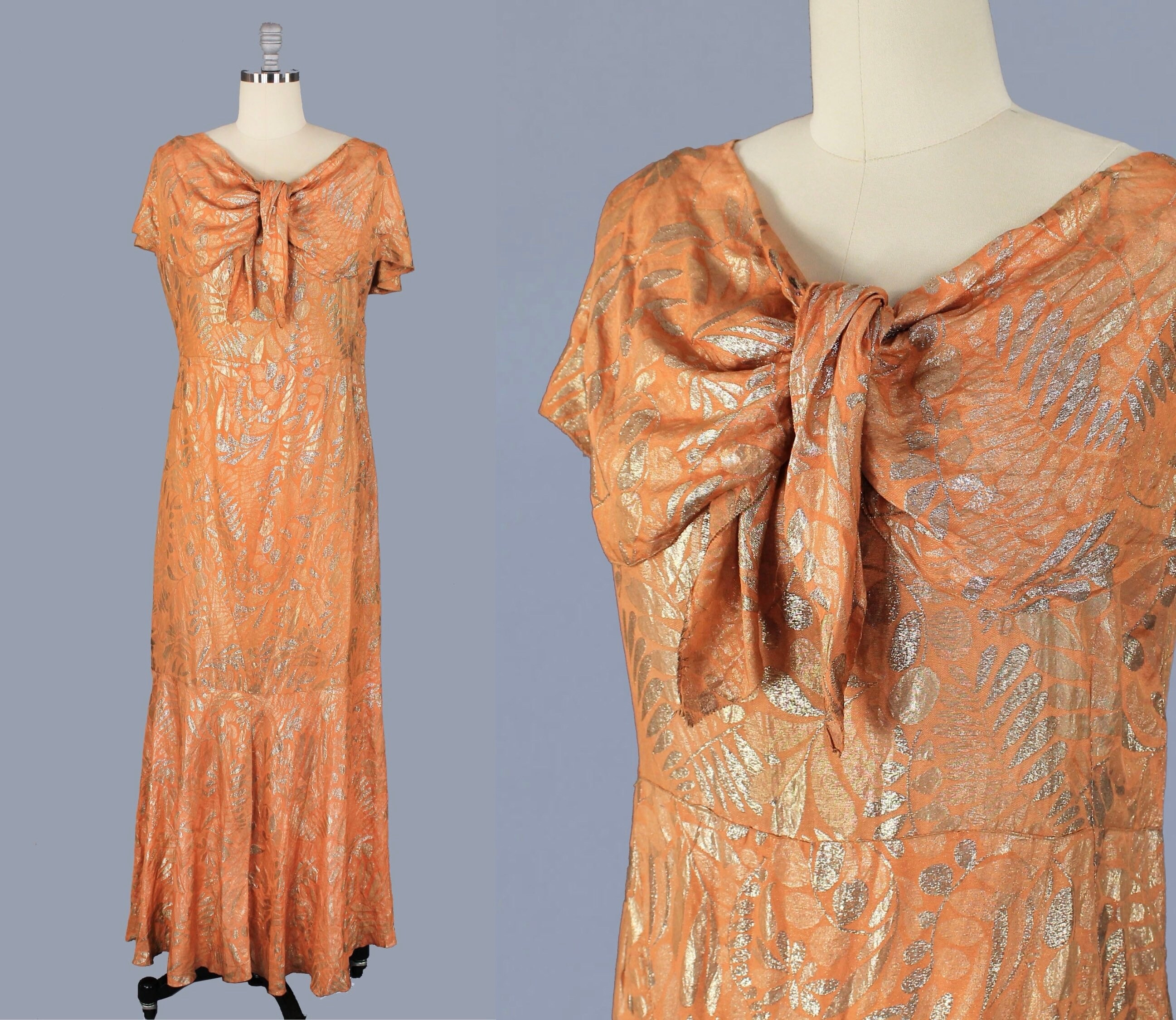 1930S Dress/30S Orange Metallic Lamé Shimmering Tangerine & Gold Gown