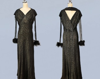 Rare 1930s Dress/ 30s Black and Silver Metallic Lame OPEN BACK Gown / Fishnet Sleeves /  Ostrich Cuffs