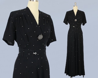 1940s Dress / 40s Black Rayon Crepe Rhinestone Evening Gown / Starry Night