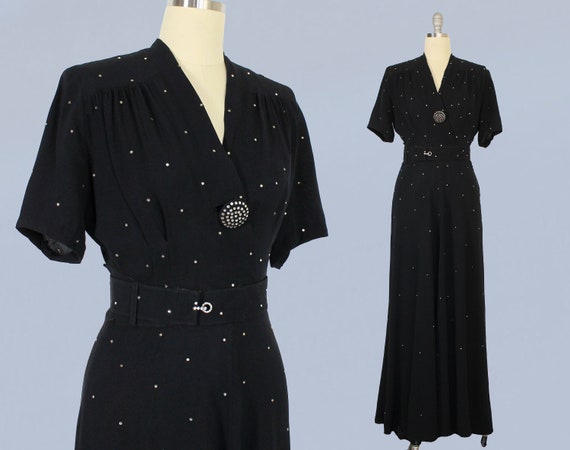 1940s Dress / 40s Black Rayon Crepe Rhinestone Ev… - image 1