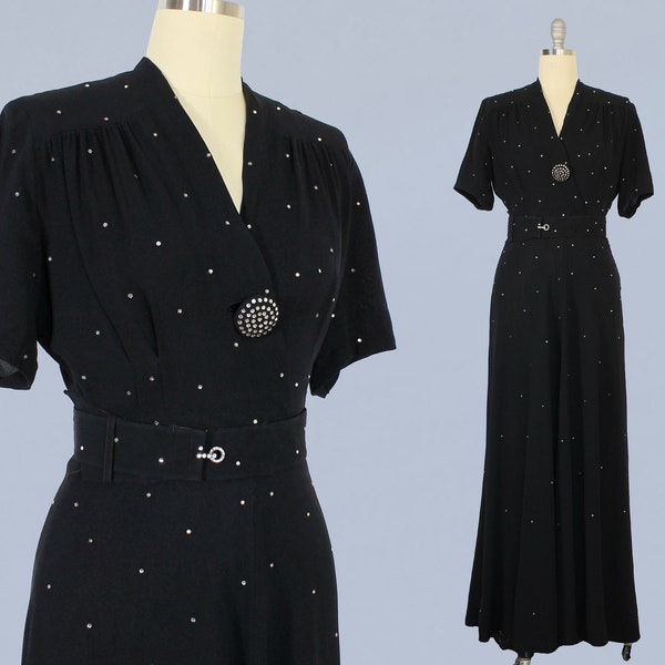 1940s Dress / 40s Black Rayon Crepe Rhinestone Evening Gown / Starry Night